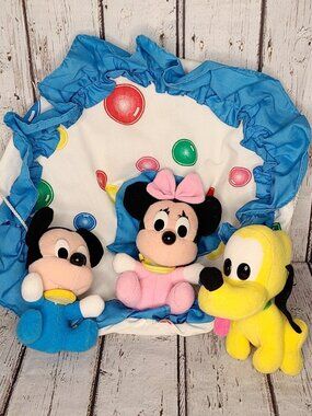 14" 80s Vintage Dolly Toy Disney Babies Crib Mobile w/ Mickey Minnie Pluto Plush